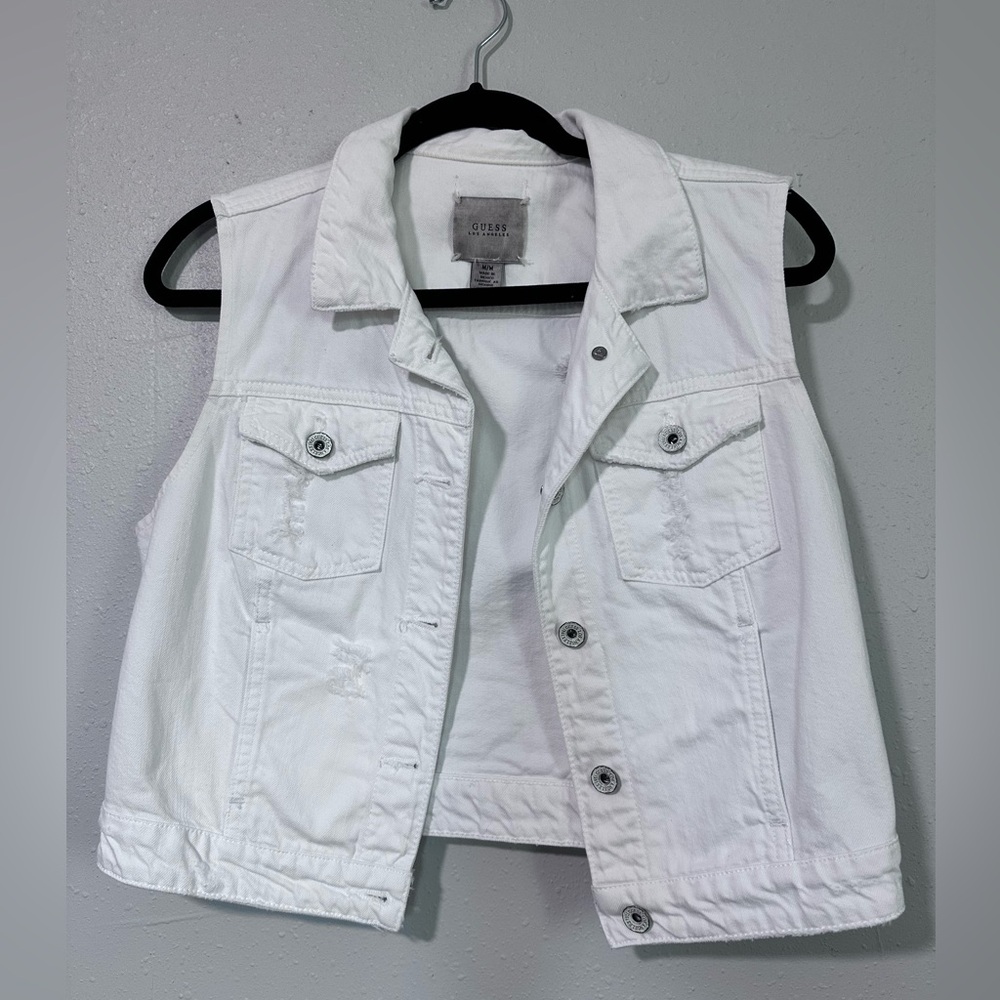 VINTAGE GUESS Denim Vest Jacket Womens Medium White Button‎ Up Y2K Preppy